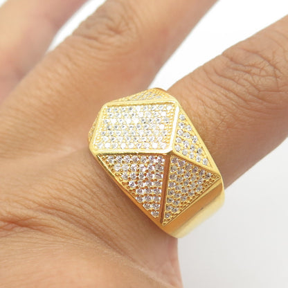 925 Sterling Silver Gold Plated C Z "Iced Out" Geometry Wide Band Ring Size 8