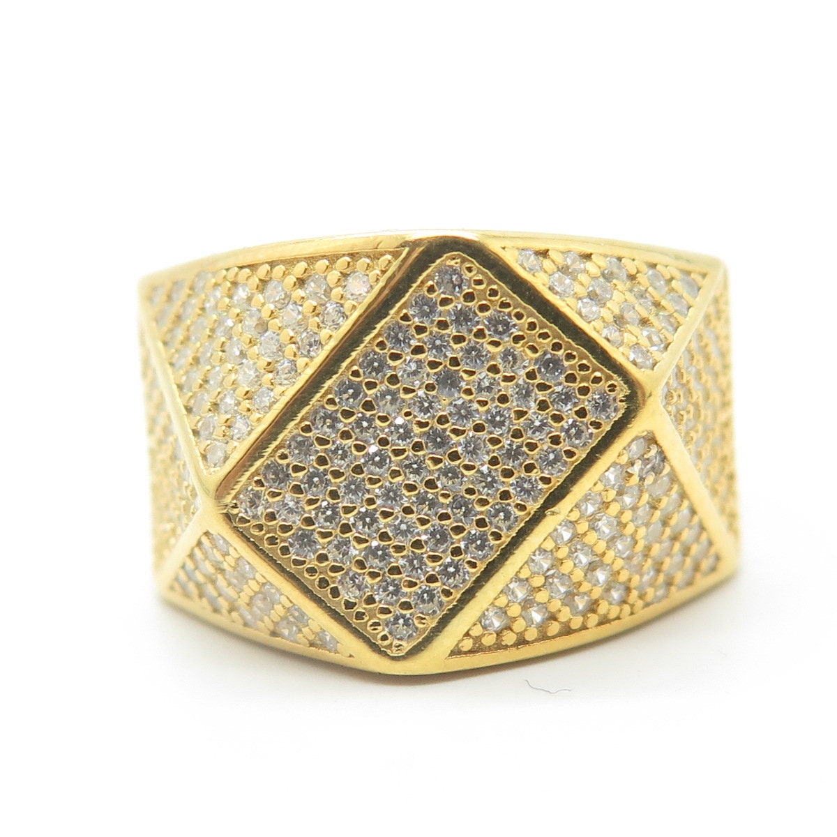 925 Sterling Silver Gold Plated C Z "Iced Out" Geometry Wide Band Ring Size 8