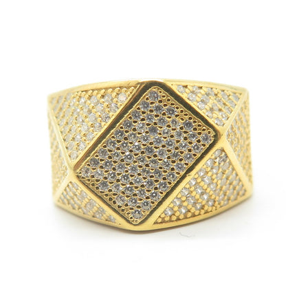 925 Sterling Silver Gold Plated C Z "Iced Out" Geometry Wide Band Ring Size 8