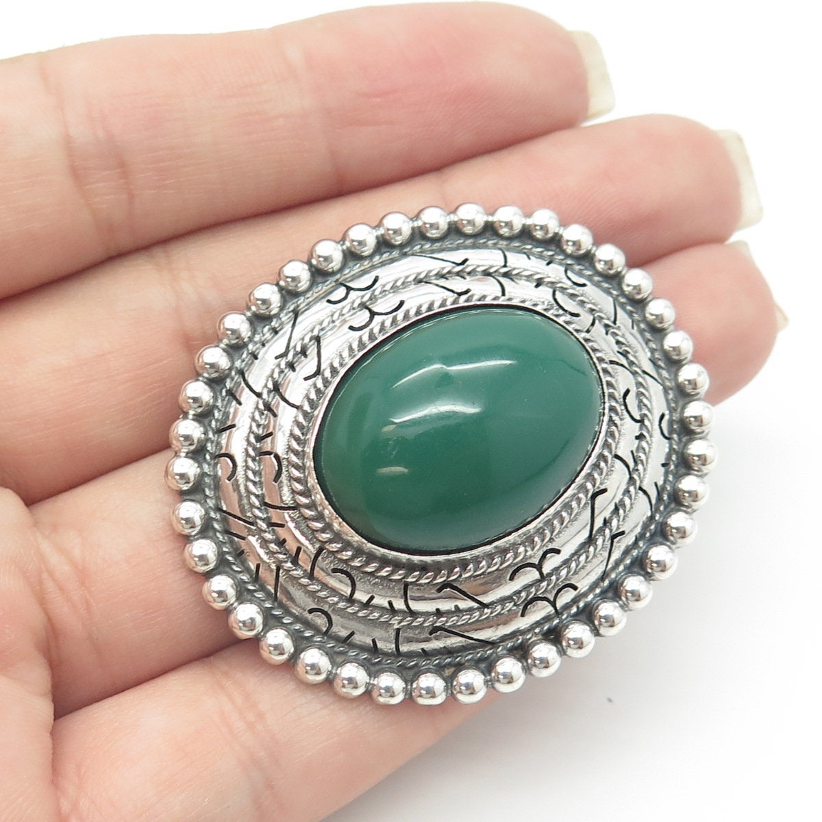 925 Sterling Silver Vintage Mexico Real Cabochon Green Onyx Oval Pin Brooch