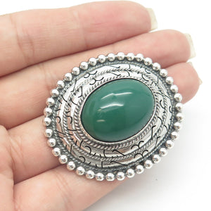 925 Sterling Silver Vintage Mexico Real Cabochon Green Onyx Oval Pin Brooch