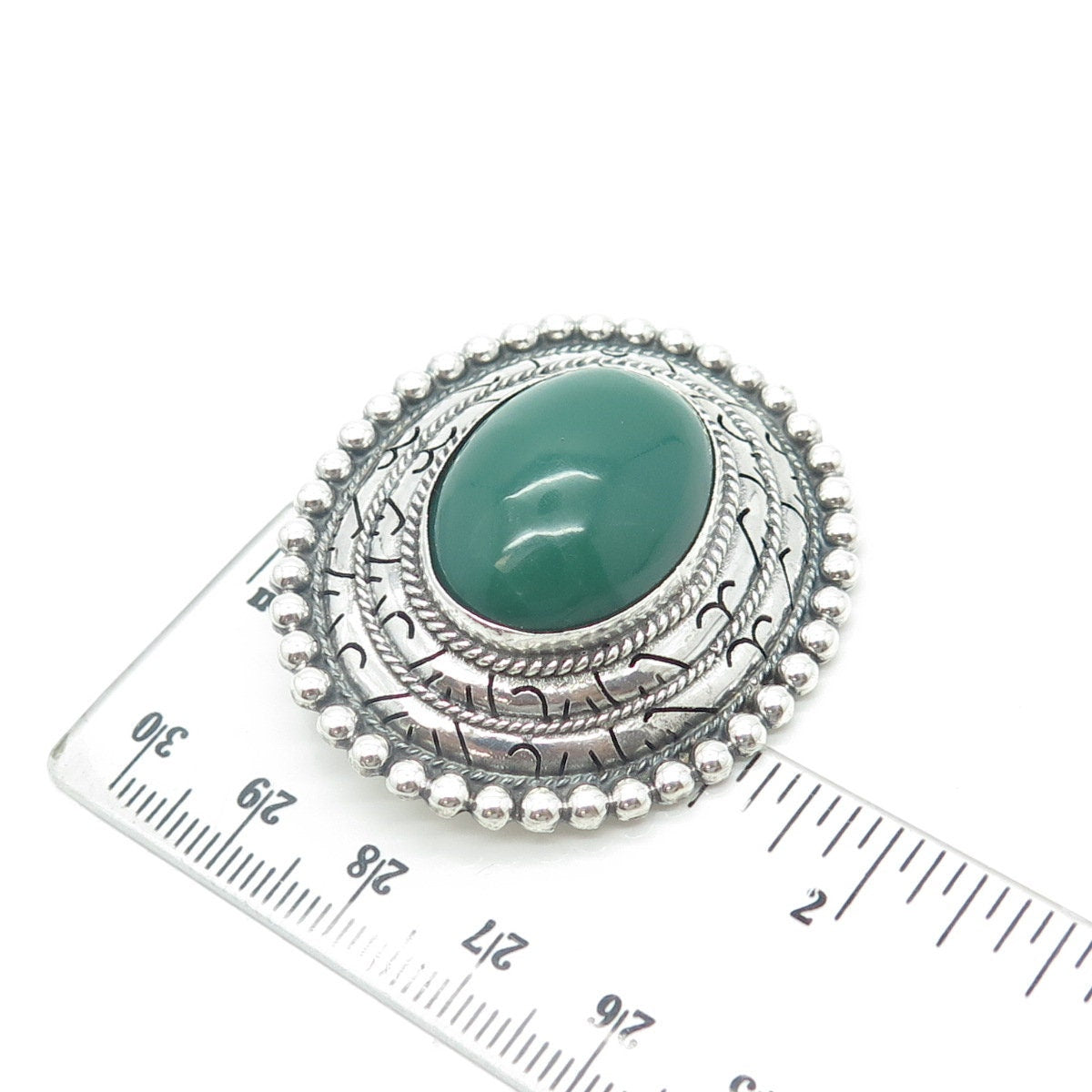 925 Sterling Silver Vintage Mexico Real Cabochon Green Onyx Oval Pin Brooch