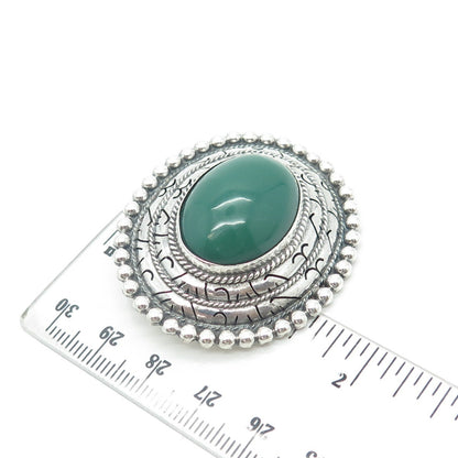 925 Sterling Silver Vintage Mexico Real Cabochon Green Onyx Oval Pin Brooch