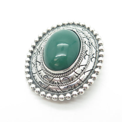 925 Sterling Silver Vintage Mexico Real Cabochon Green Onyx Oval Pin Brooch