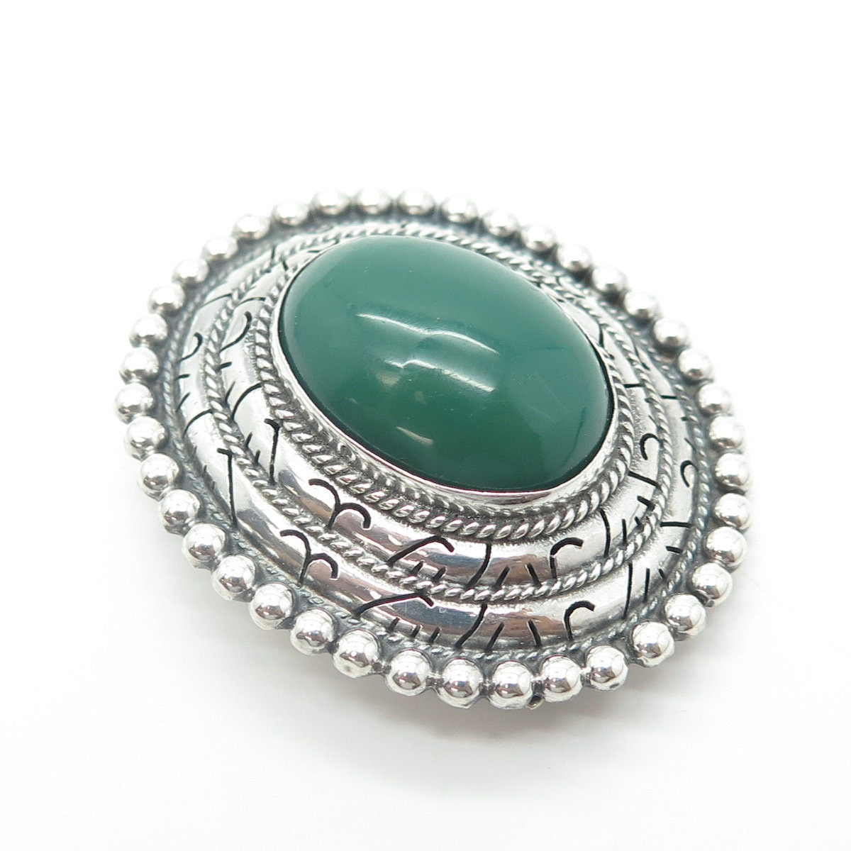925 Sterling Silver Vintage Mexico Real Cabochon Green Onyx Oval Pin Brooch