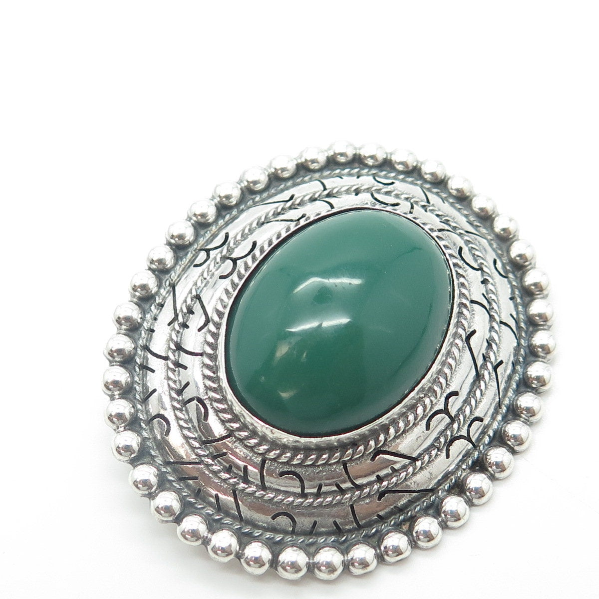 925 Sterling Silver Vintage Mexico Real Cabochon Green Onyx Oval Pin Brooch