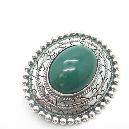 925 Sterling Silver Vintage Mexico Real Cabochon Green Onyx Oval Pin Brooch