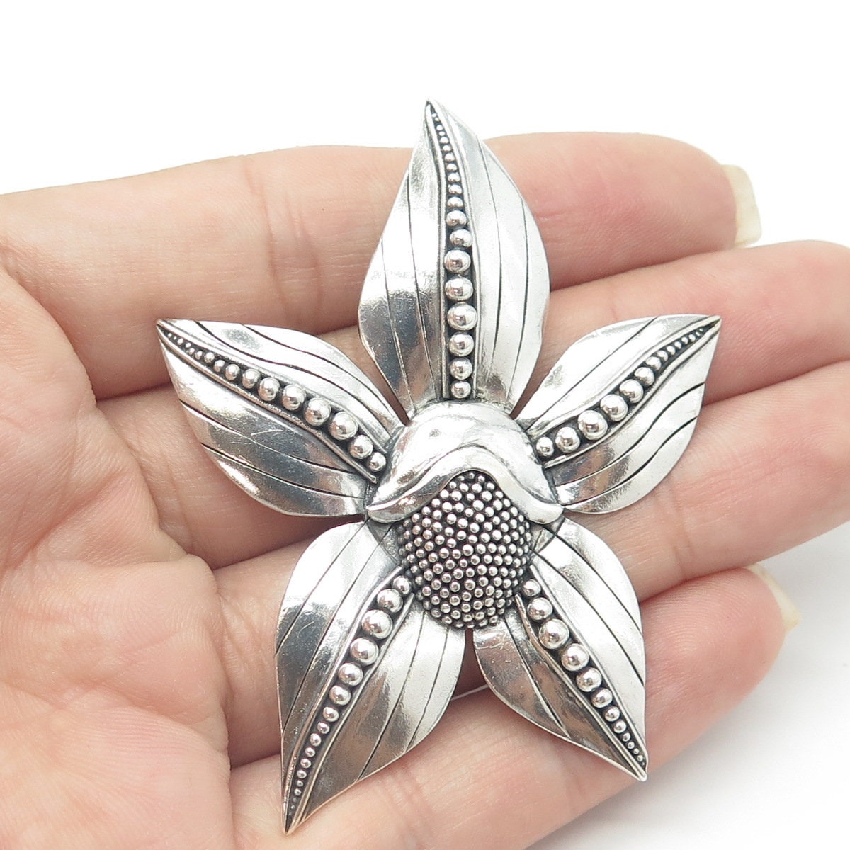 DUARTE 925 Sterling Silver Vintage Dogwood Flower Beaded Pin Brooch