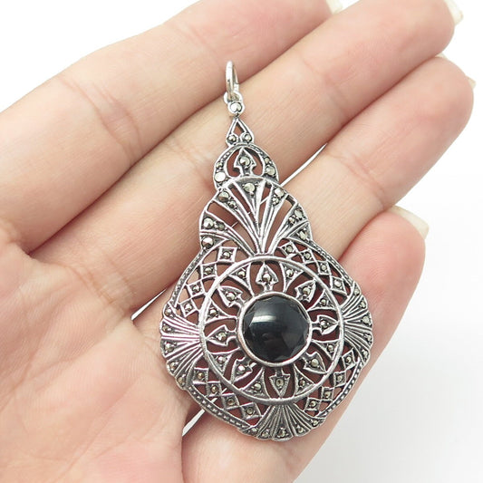 925 Sterling Silver Vintage Real Cabochon Black Onyx & Marcasite Swirl Pendant