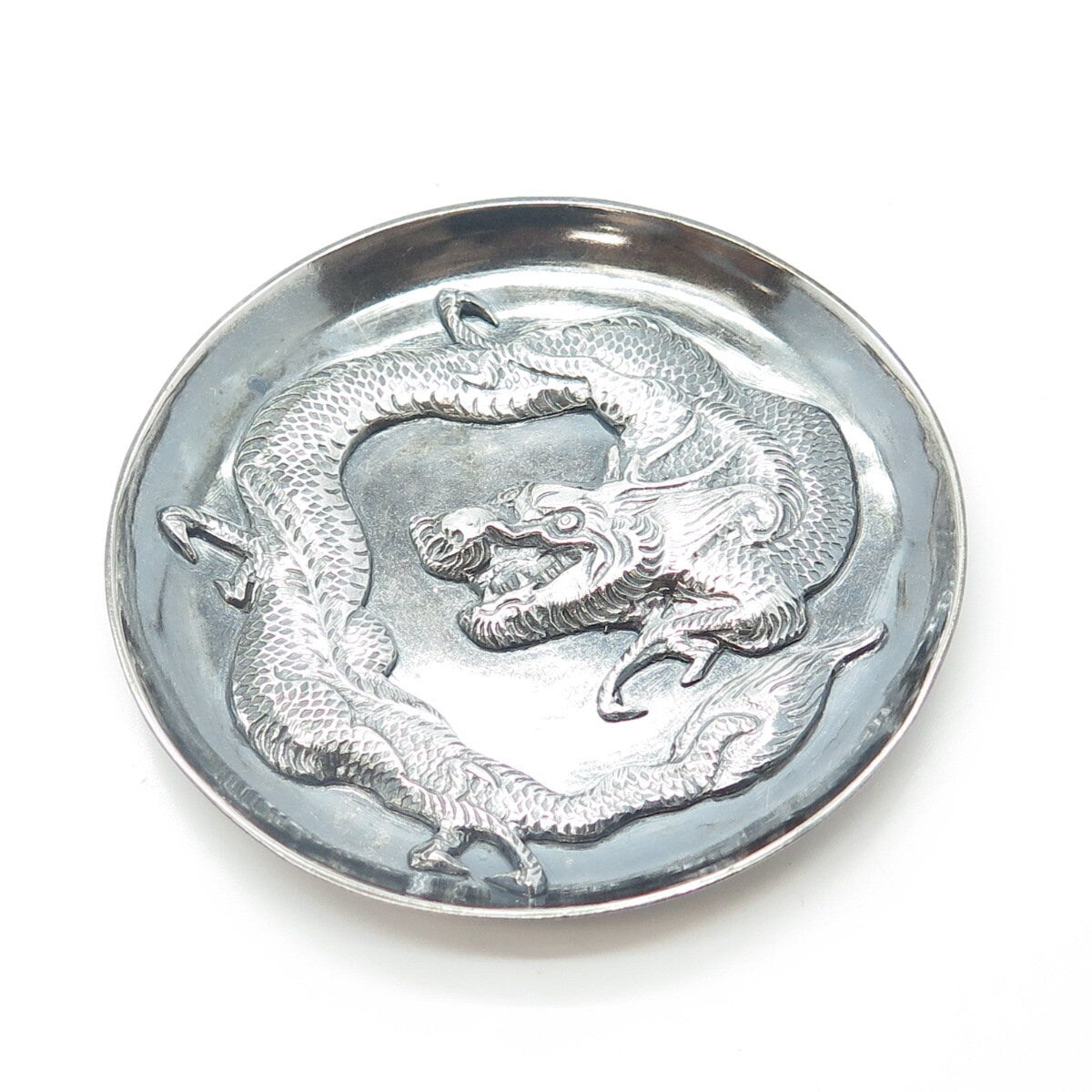 Chinese Export 925 Sterling Silver Antique Art Deco Royal Dragon Dish Plate