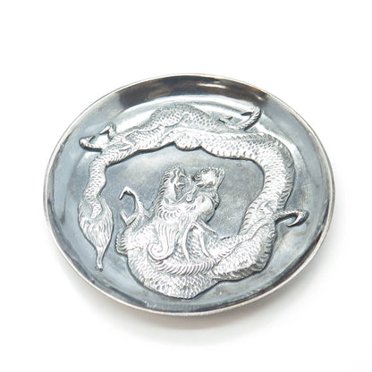 Chinese Export 925 Sterling Silver Antique Art Deco Royal Dragon Dish Plate