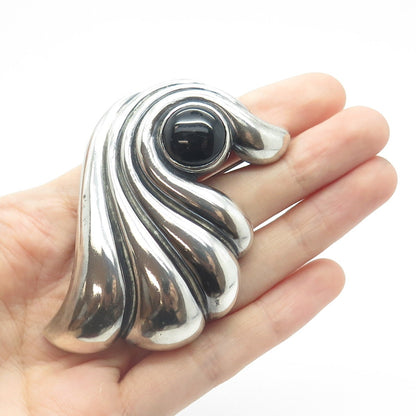 MORNING SUN JEWELRY 925 Sterling Silver Vintage Black Onyx Gem Ribbed Pin Brooch