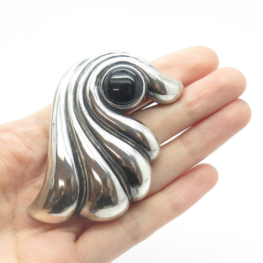 MORNING SUN JEWELRY 925 Sterling Silver Vintage Black Onyx Gem Ribbed Pin Brooch