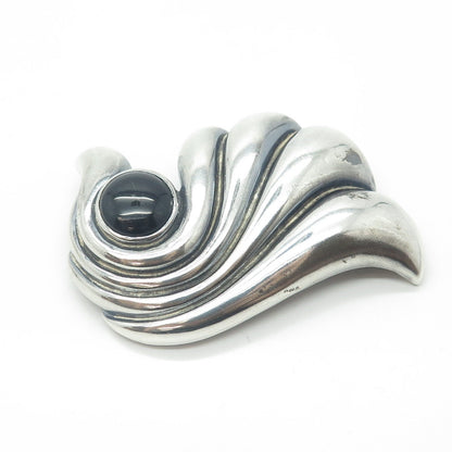 MORNING SUN JEWELRY 925 Sterling Silver Vintage Black Onyx Gem Ribbed Pin Brooch