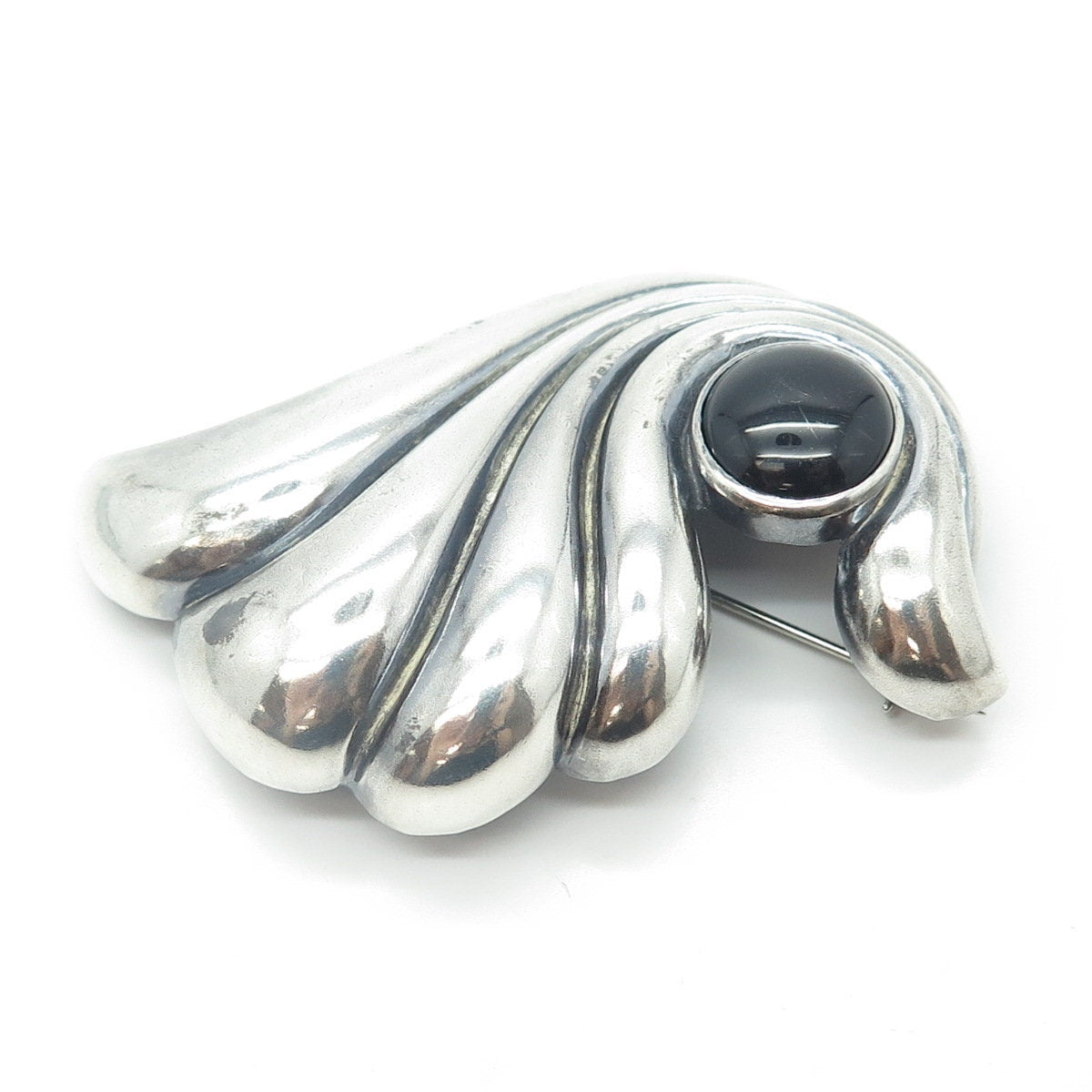 MORNING SUN JEWELRY 925 Sterling Silver Vintage Black Onyx Gem Ribbed Pin Brooch