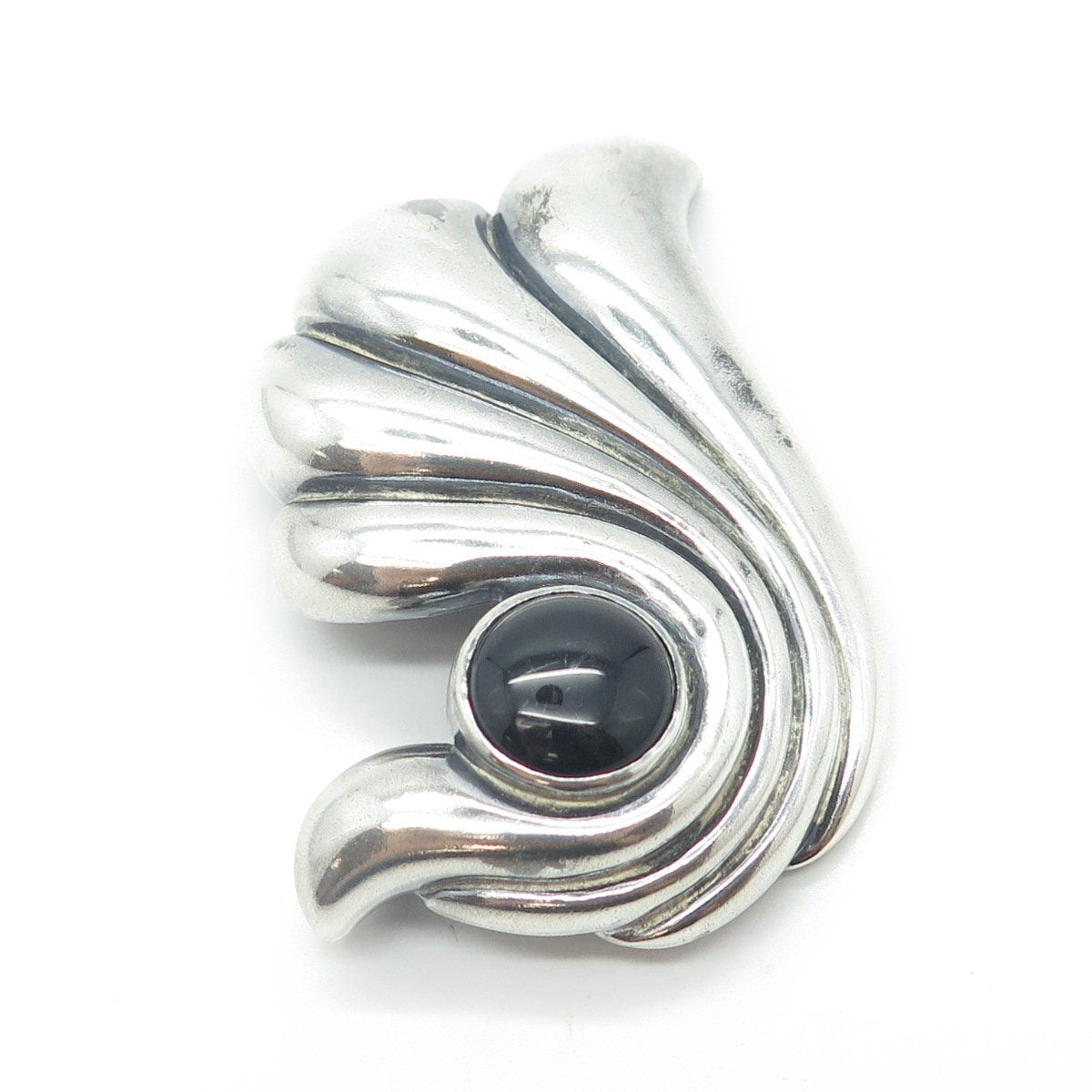 MORNING SUN JEWELRY 925 Sterling Silver Vintage Black Onyx Gem Ribbed Pin Brooch