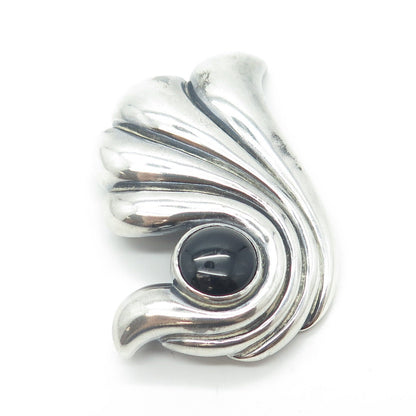 MORNING SUN JEWELRY 925 Sterling Silver Vintage Black Onyx Gem Ribbed Pin Brooch