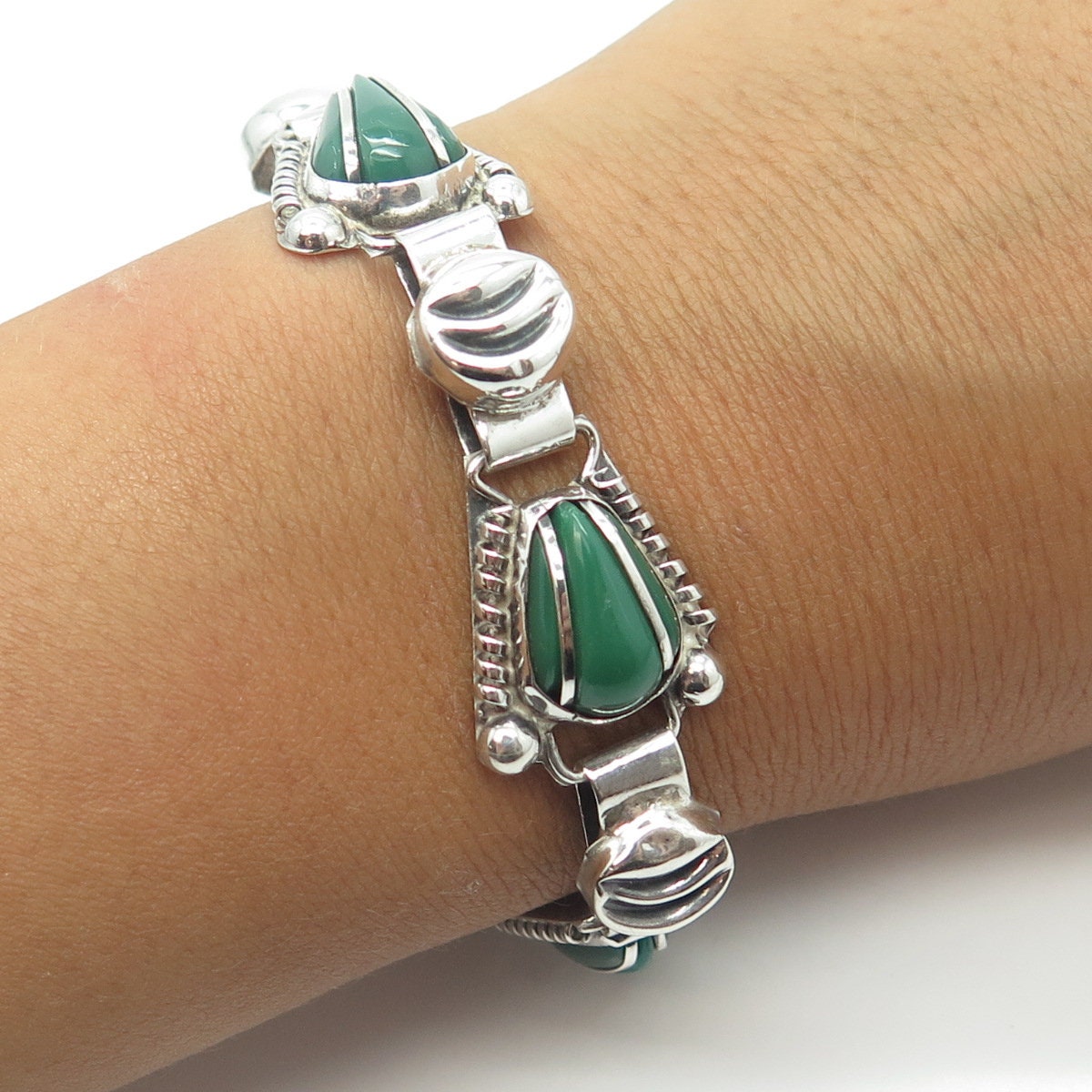 925 Sterling Silver Vintage Mexico Real Green Onyx Gemstone Ethnic Bracelet 7"