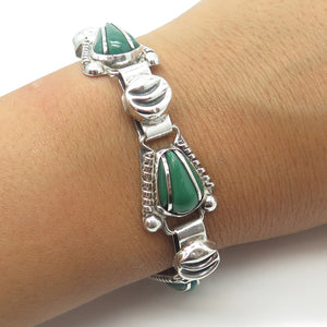 925 Sterling Silver Vintage Mexico Real Green Onyx Gemstone Ethnic Bracelet 7"
