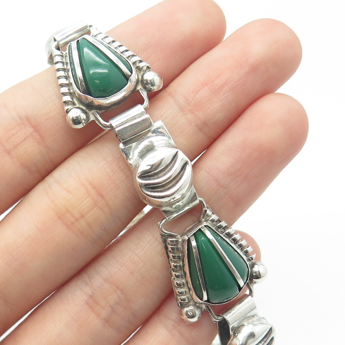 925 Sterling Silver Vintage Mexico Real Green Onyx Gemstone Ethnic Bracelet 7"