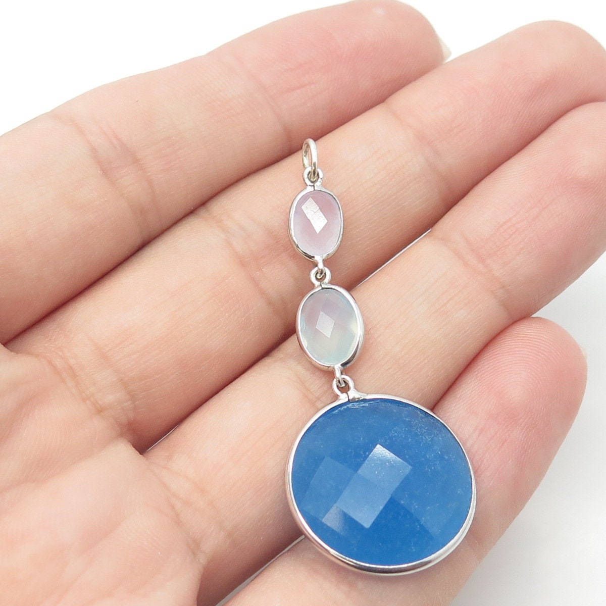 925 Sterling Silver Real White & Blue Quartz Drop Pendant
