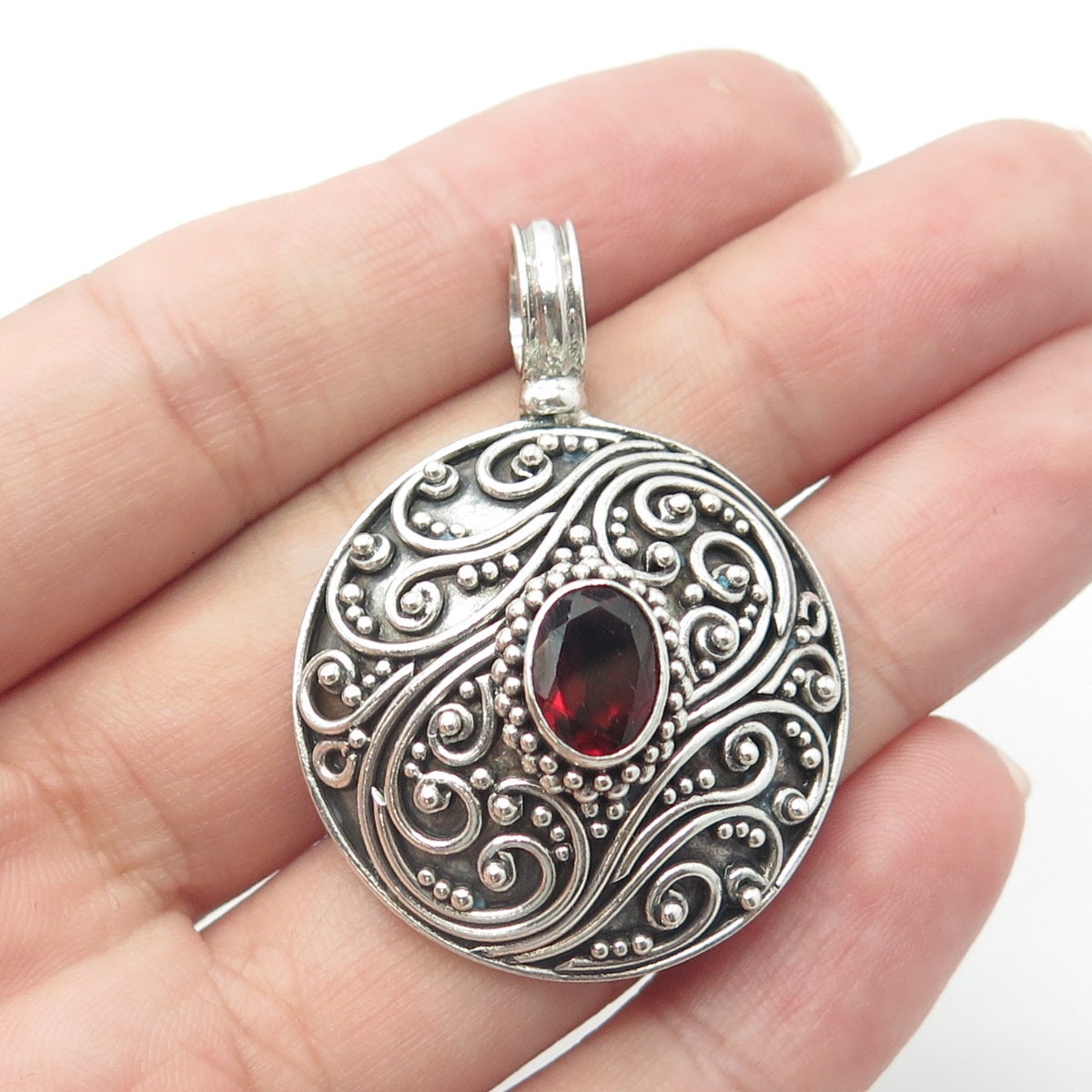925 Sterling Silver Vintage Real Red Garnet Scroll Granulated Round Pendant