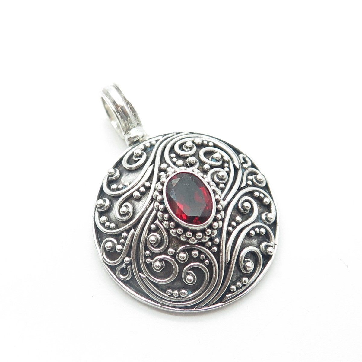 925 Sterling Silver Vintage Real Red Garnet Scroll Granulated Round Pendant