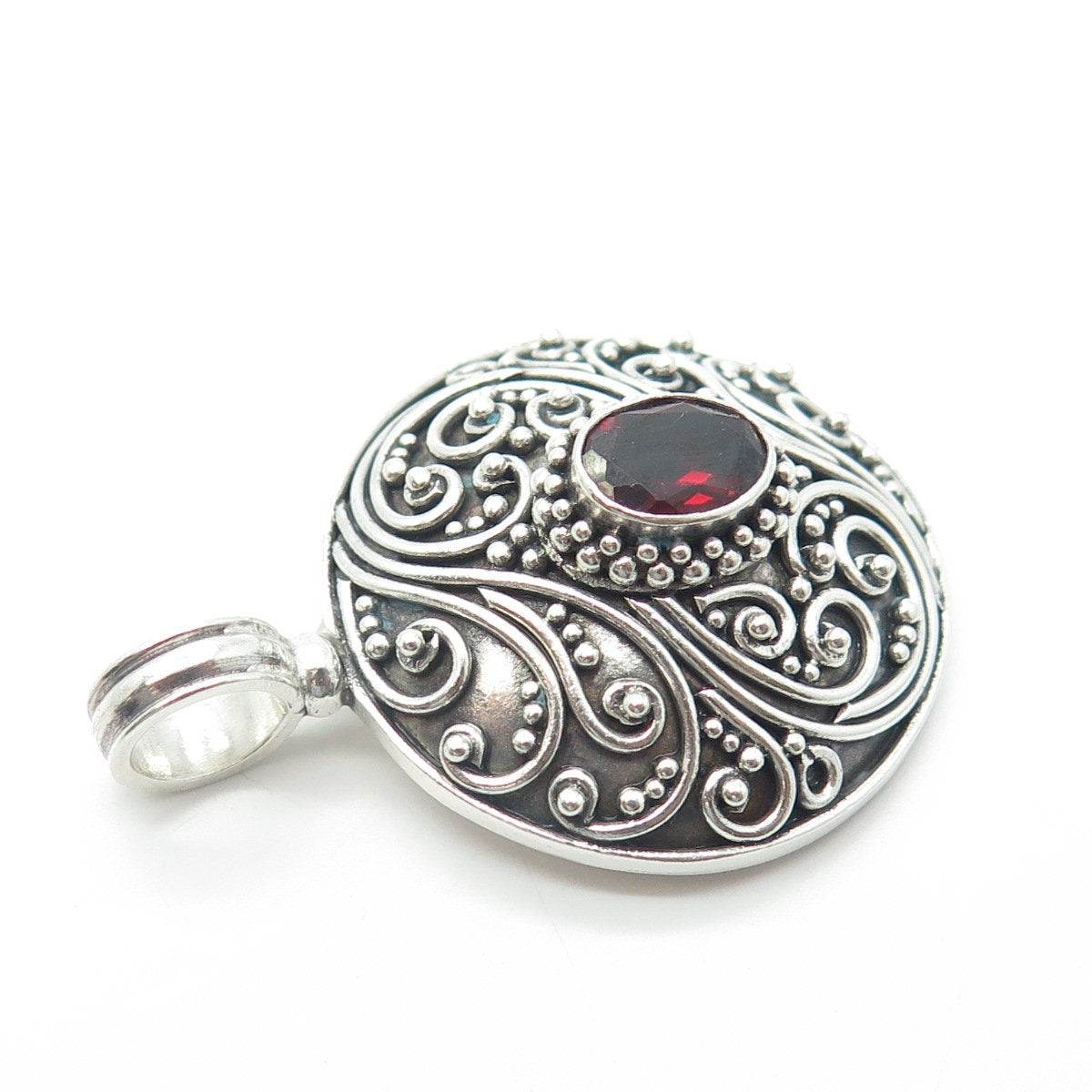 925 Sterling Silver Vintage Real Red Garnet Scroll Granulated Round Pendant
