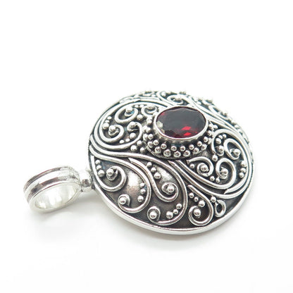 925 Sterling Silver Vintage Real Red Garnet Scroll Granulated Round Pendant