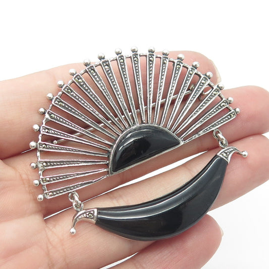 925 Sterling Silver Vintage Black Onyx Marcasite Sunrise Victorian Style Brooch