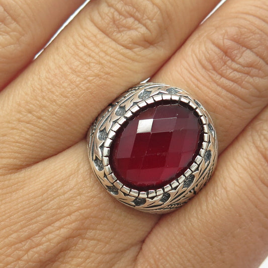 925 Sterling Silver Vintage Red Glass Victorian Floral Ring Size 9.25