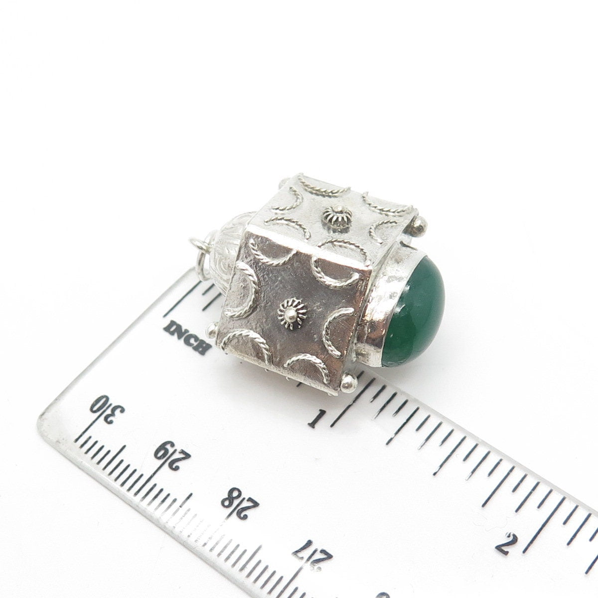 800 Silver Antique Art Deco Real Green Agate Gemstone Chatelaine Fob Pendant