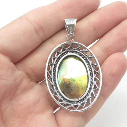 925 Sterling Silver Vintage Real Abalone Shell Wicker Pendant