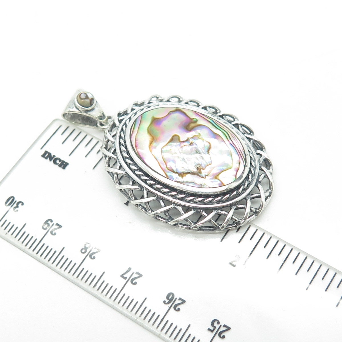 925 Sterling Silver Vintage Real Abalone Shell Wicker Pendant