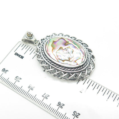 925 Sterling Silver Vintage Real Abalone Shell Wicker Pendant