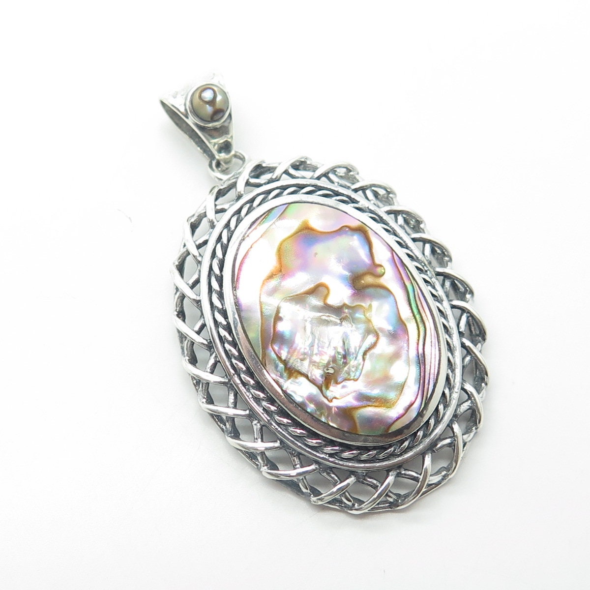 925 Sterling Silver Vintage Real Abalone Shell Wicker Pendant
