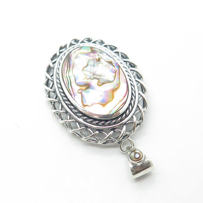 925 Sterling Silver Vintage Real Abalone Shell Wicker Pendant