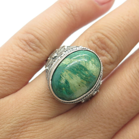 925 Sterling Silver Vintage Real Chrysocolla Floral Filigree Ring Size 6.25