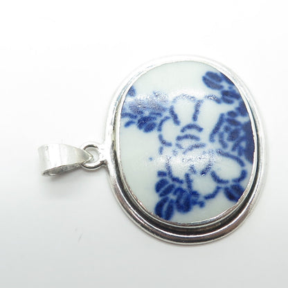 925 Sterling Silver Vintage Ceramic Foral Pendant