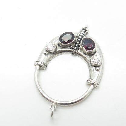 925 Sterling Silver Vintage Red Oval-Cut Tourmaline & C Z Dotted Amulet Pendant