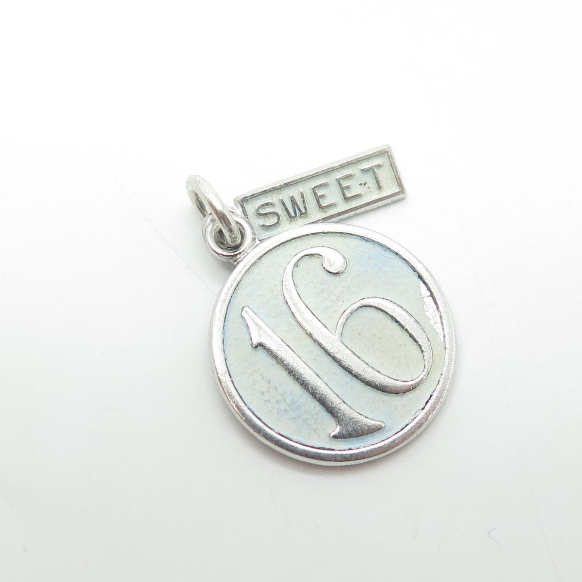 WELLS 925 Sterling Silver Vintage Enamel "Sweet 16" Round Medal Charm Pendant