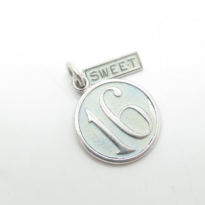 WELLS 925 Sterling Silver Vintage Enamel "Sweet 16" Round Medal Charm Pendant
