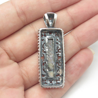 925 Sterling Silver Vintage Real Abalone Shell Swirl Beaded Rectangle Pendant