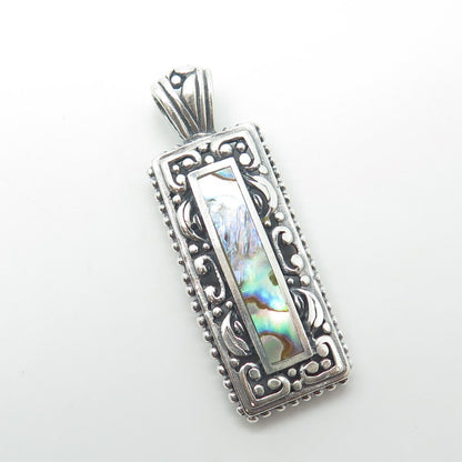925 Sterling Silver Vintage Real Abalone Shell Swirl Beaded Rectangle Pendant