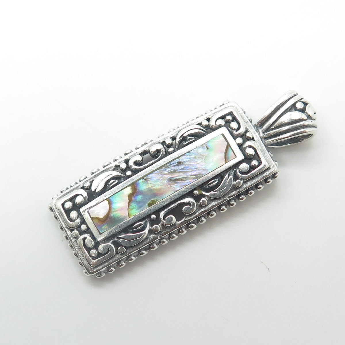 925 Sterling Silver Vintage Real Abalone Shell Swirl Beaded Rectangle Pendant