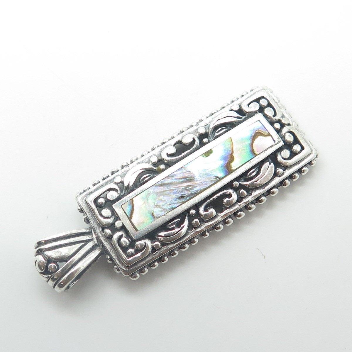 925 Sterling Silver Vintage Real Abalone Shell Swirl Beaded Rectangle Pendant