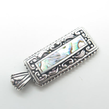 925 Sterling Silver Vintage Real Abalone Shell Swirl Beaded Rectangle Pendant