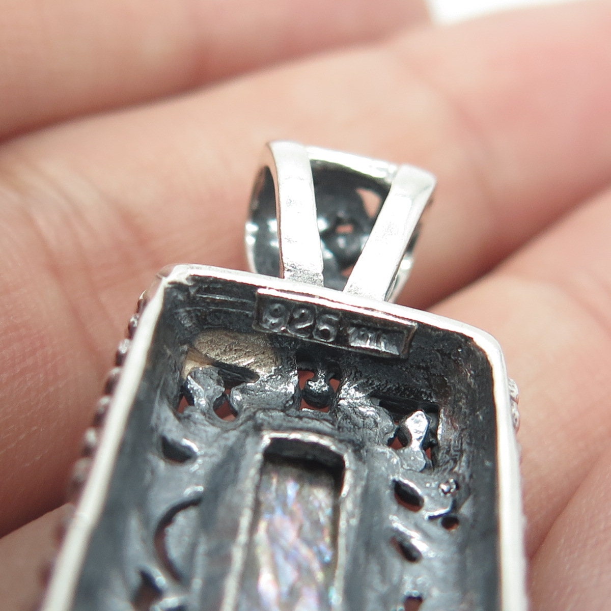 925 Sterling Silver Vintage Real Abalone Shell Swirl Beaded Rectangle Pendant