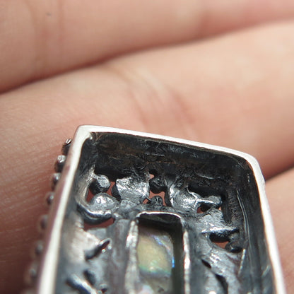925 Sterling Silver Vintage Real Abalone Shell Swirl Beaded Rectangle Pendant