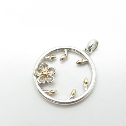 925 Sterling Silver 2-Tone Floral Circle Pendant